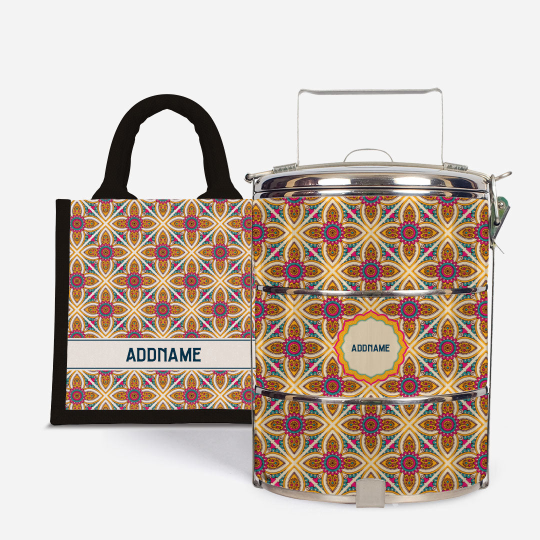 Pookal Series Standard Tiffin with Half Lining Lunch Bag - Vibrant Tiles Black