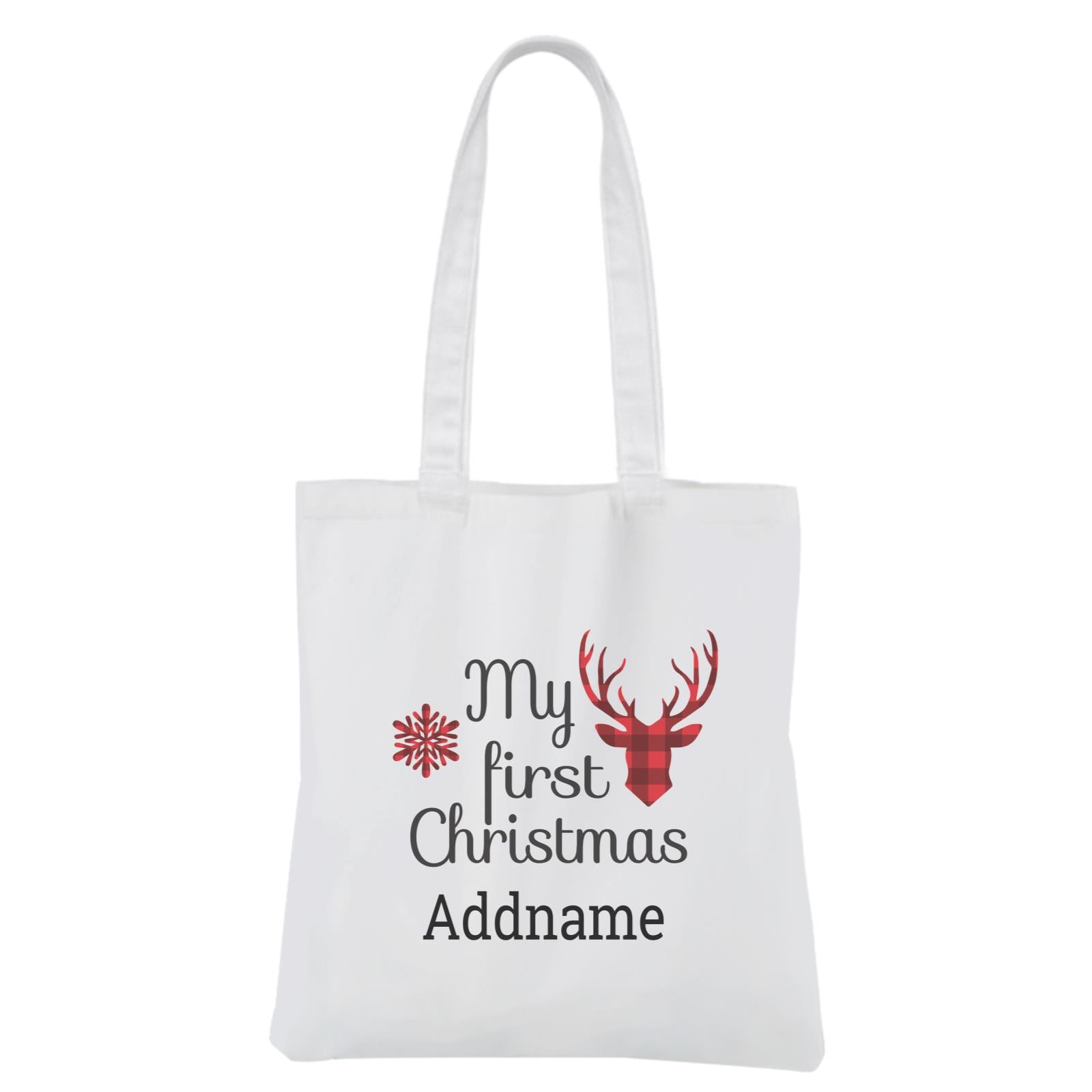 Christmas Series Reindeer Check Pattern My 1st Christmas Typography White Canvas Bag