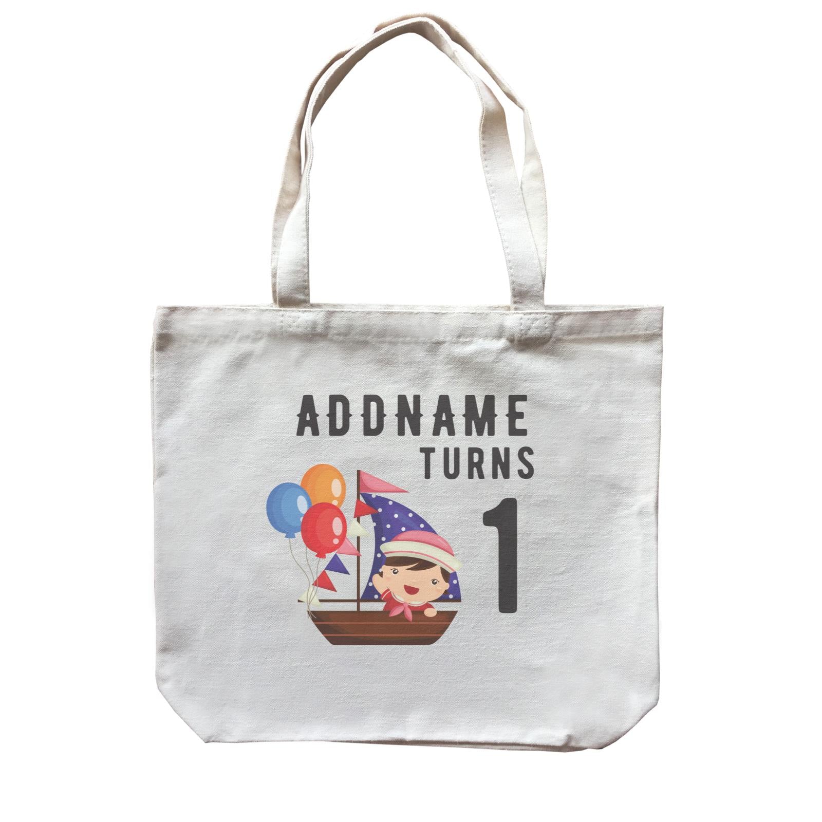 Birthday Sailor Baby Girl In Ship With Balloon Addname Turns 1 Canvas Bag