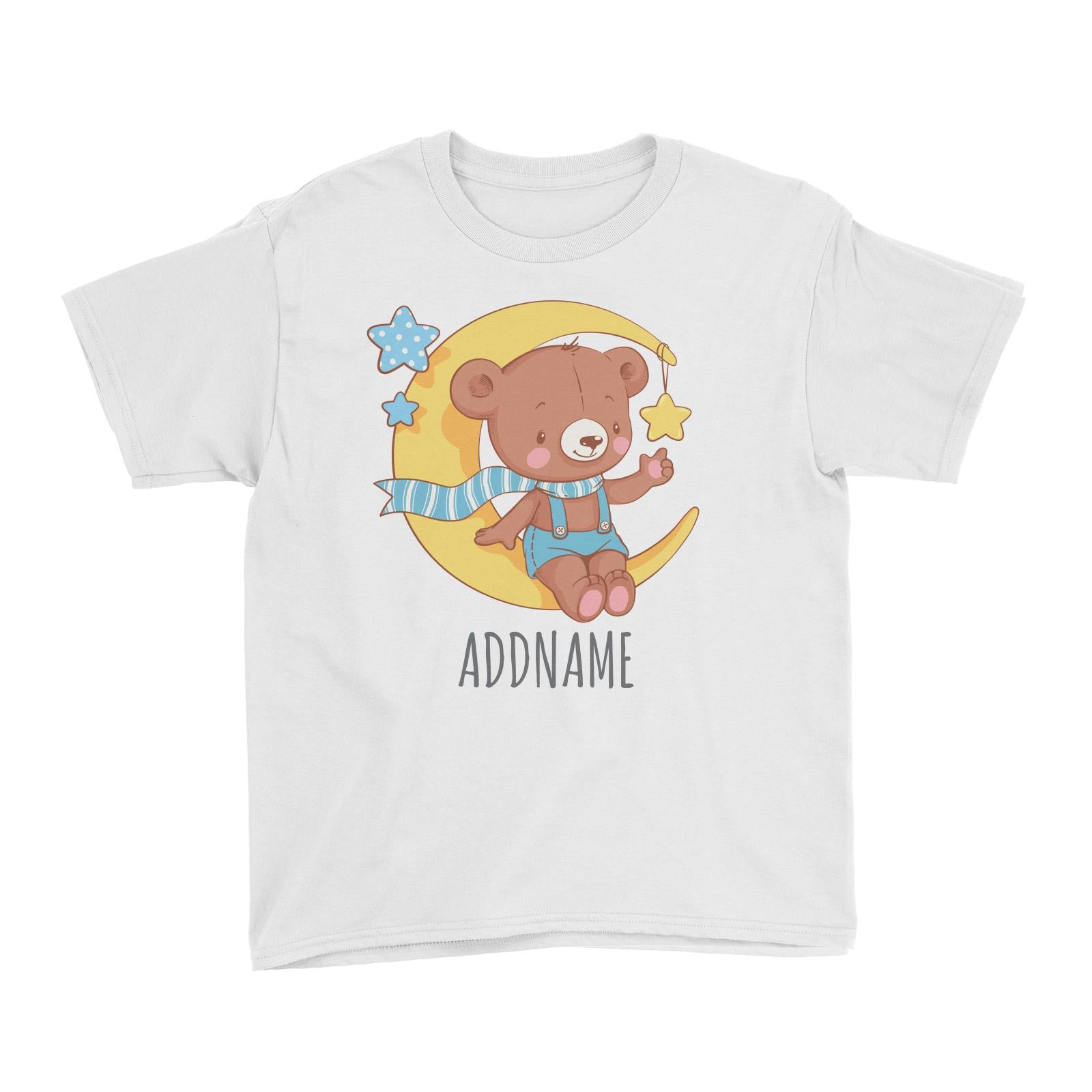 Bear on Moon White Kid's T-Shirt Personalizable Designs Cute Sweet Animal HG