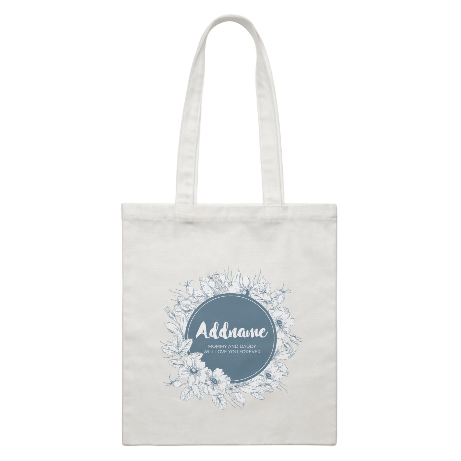 Navy Blue Flower Wreath Personalizable with Name and Text White Canvas Bag