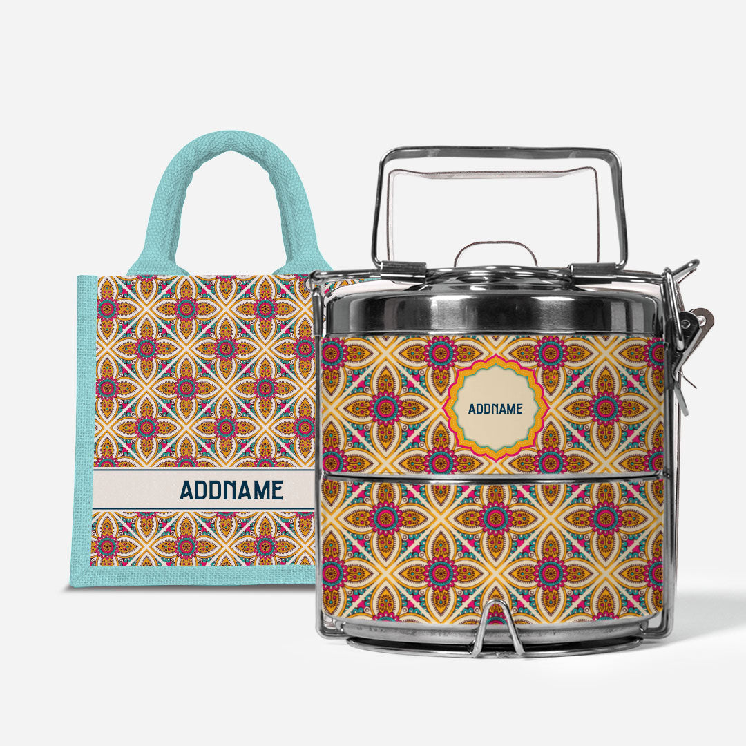Pookal Series Premium Two Tier Tiffin with Half Lining Lunch Bag - Vibrant Tiles Light Blue