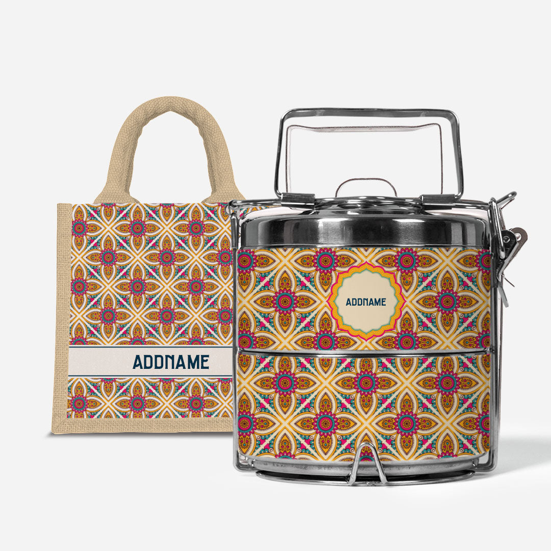 Pookal Series Premium Two Tier Tiffin with Half Lining Lunch Bag - Vibrant Tiles Natural