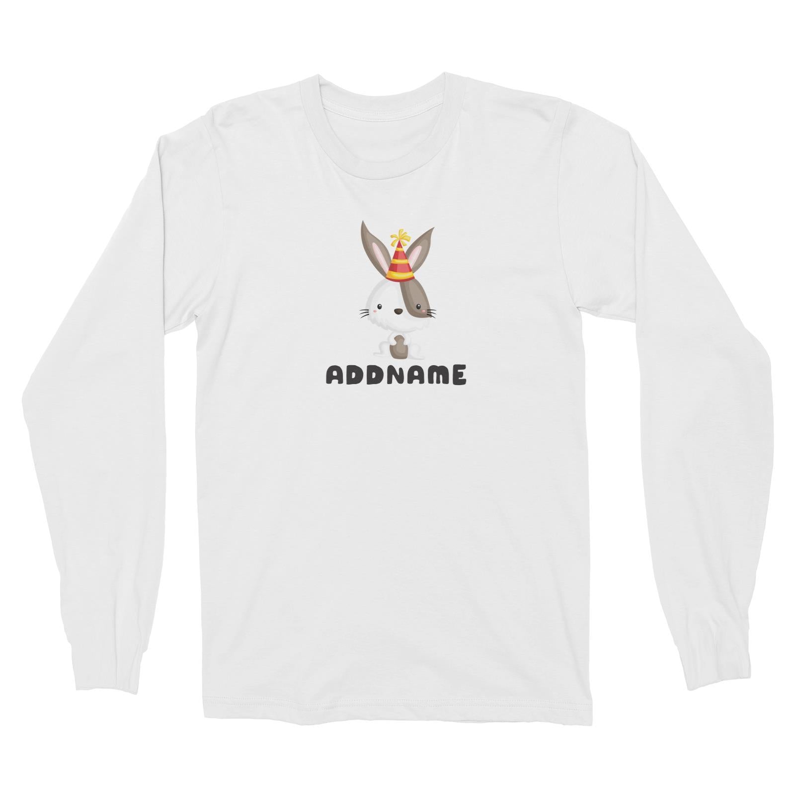 Birthday Friendly Animals Happy Rabbit Wearing Party Hat Addname Long Sleeve Unisex T-Shirt
