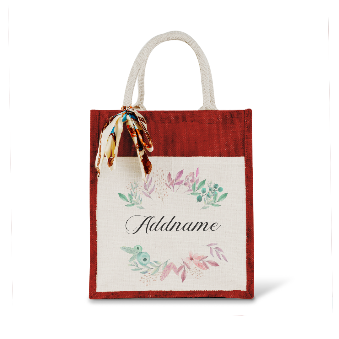 Flower Wreath With Leaves Colourful Jute Bag With Front Pocket