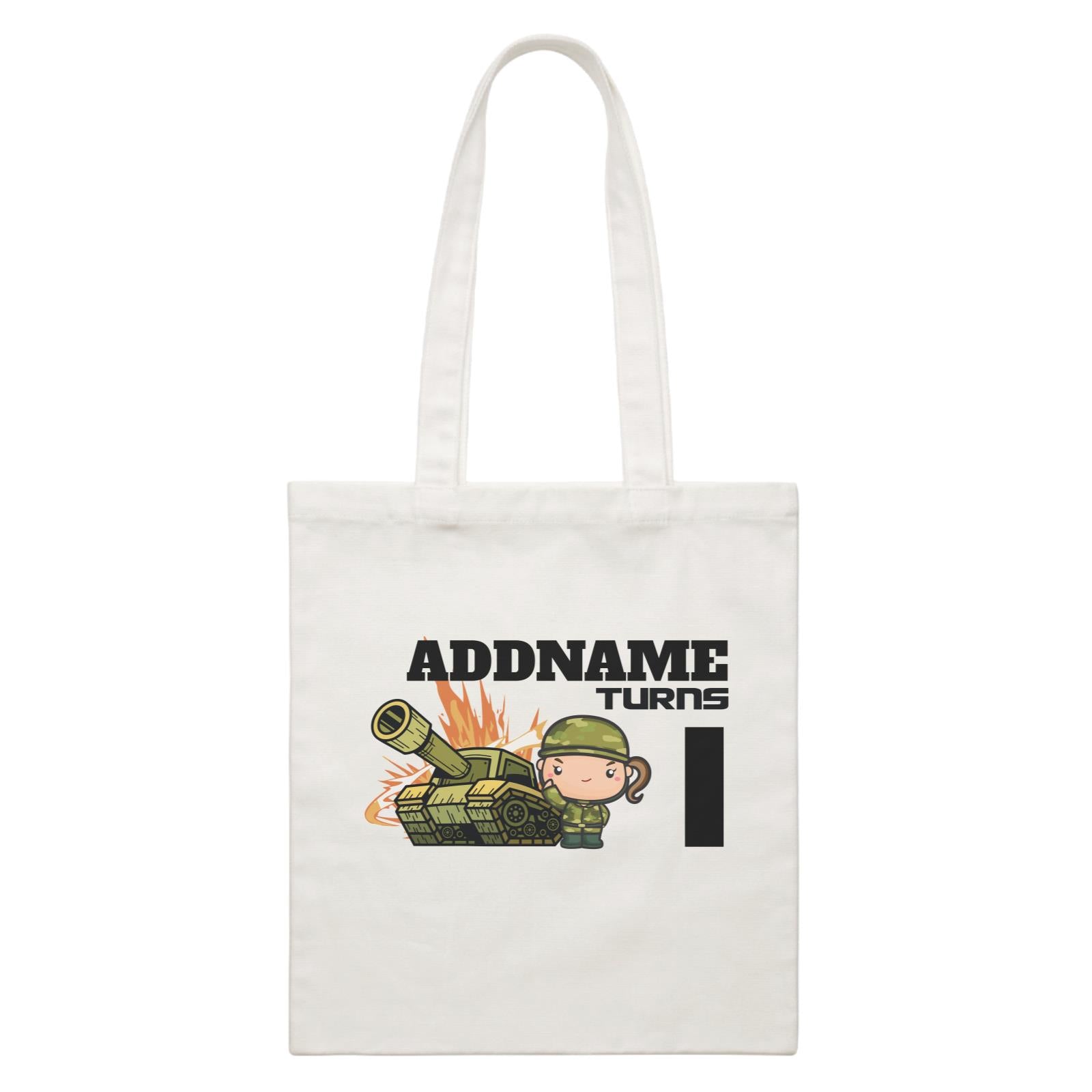 Birthday Battle Theme Tank And Army Soldier Girl Addname Turns 1 White Canvas Bag