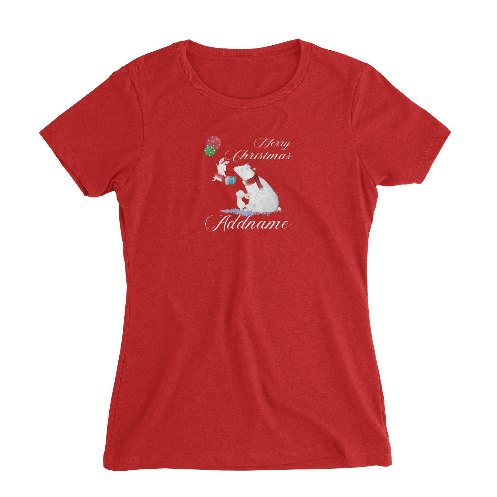 Christmas Cute Rabbits And Polar Bear With Present Merry Christmas Addname Women Slim Fit T-Shirt