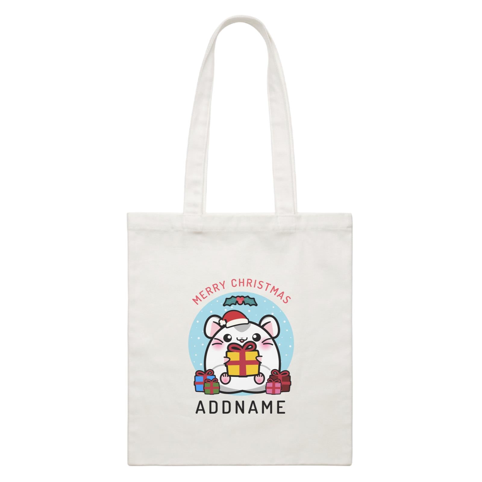 Merry Christmas Cute Santa Boy Hamster with Gifts White Canvas Bag