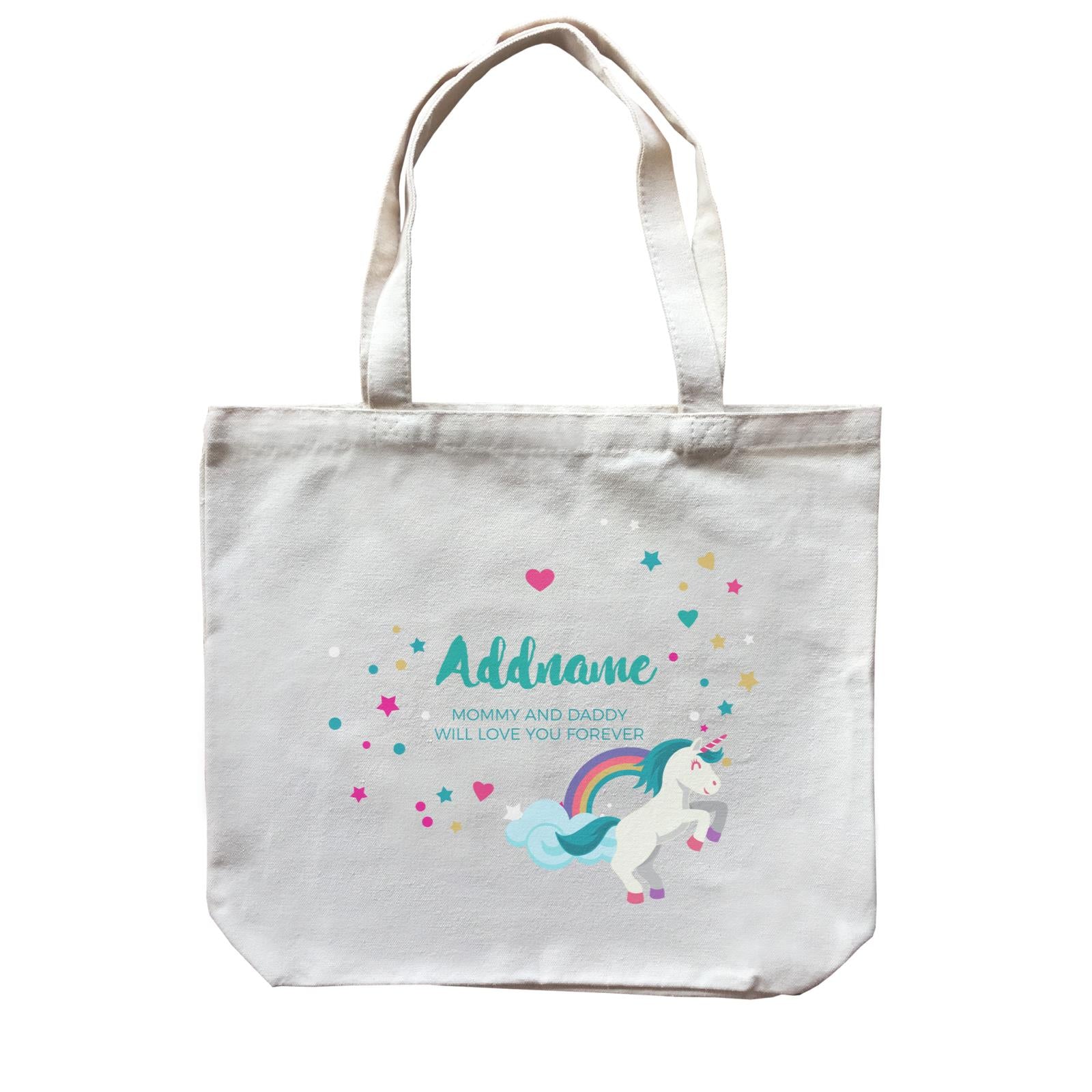 Blue Unicorn with Colourful Love and Start Elements Personalizable with Name and Text Canvas Bag
