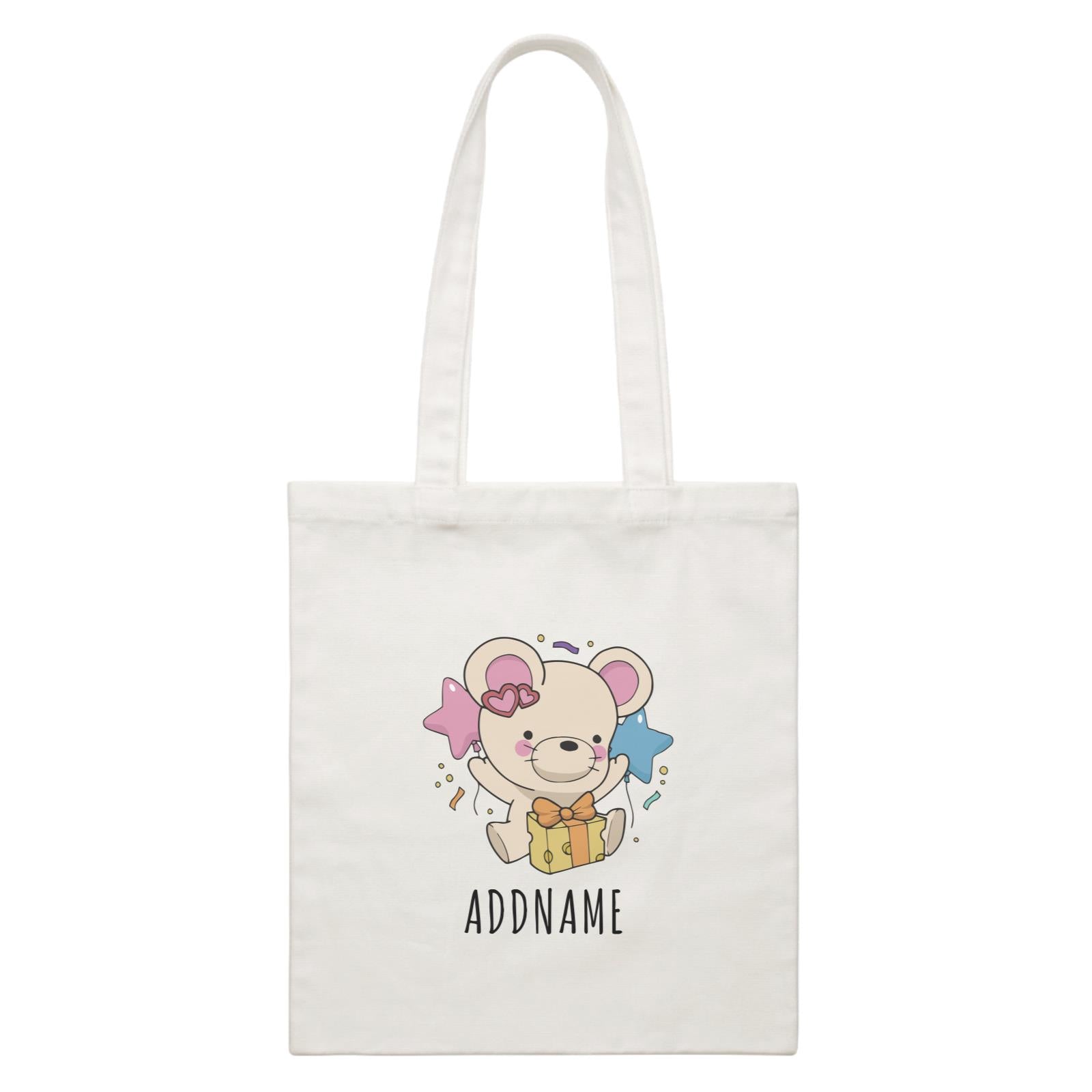 Birthday Sketch Animals Mouse with Cheese Present Addname White Canvas Bag
