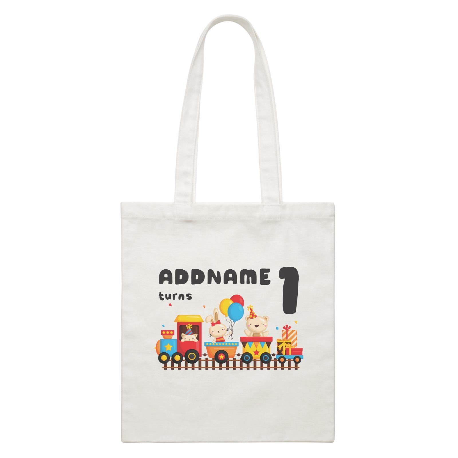Birthday Fun Train And Animals Group Addname Turns 1 White Canvas Bag
