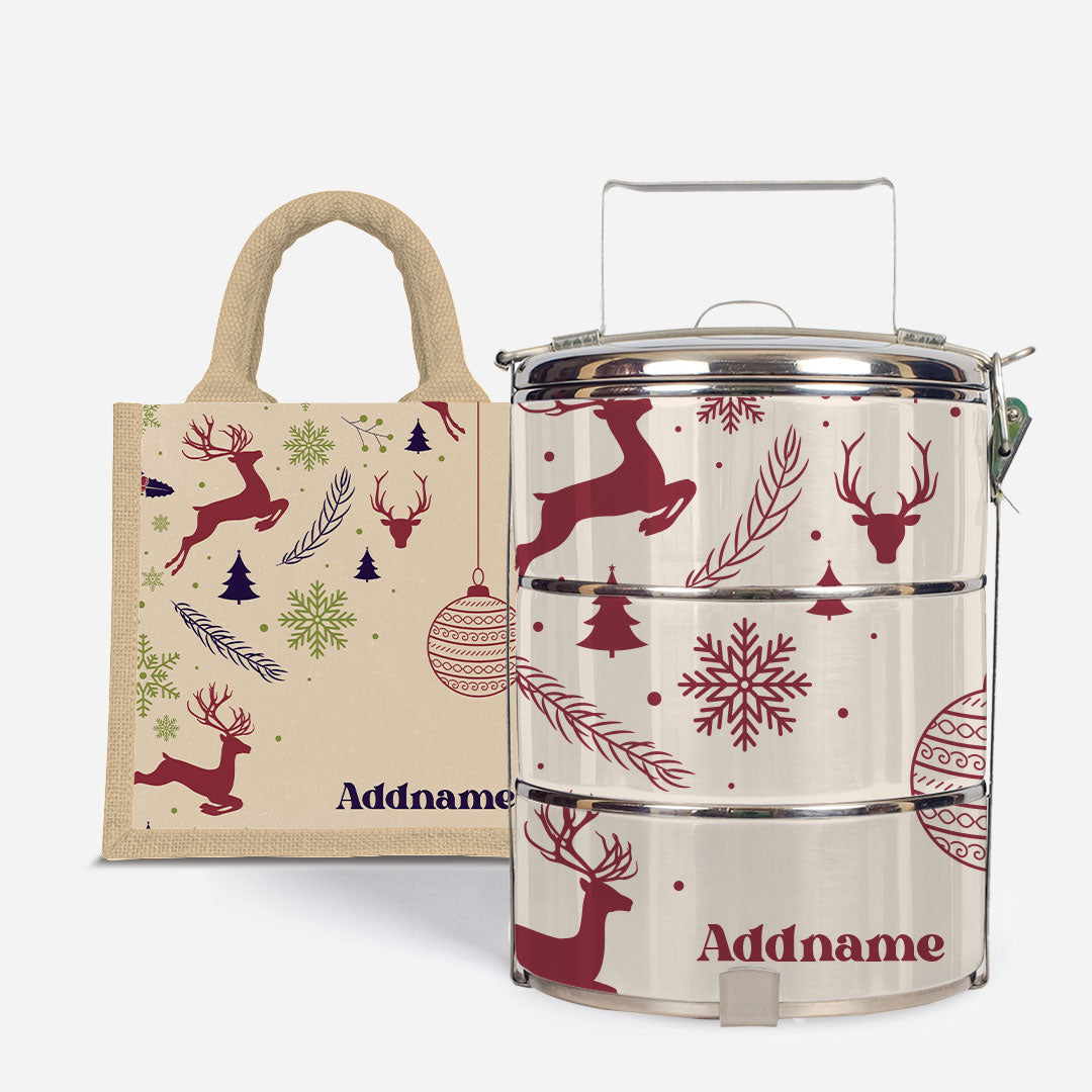 Christmas Series Standard Tiffin  with Half Lining Lunch Bag Jubilant Reindeers Natural
