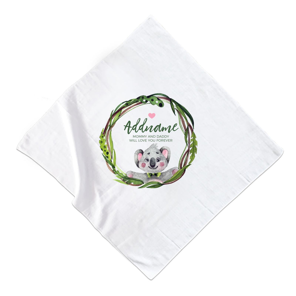 Watercolour Pink Koala Green Leaves Wreath Personalizable with Name and Text Muslin Square