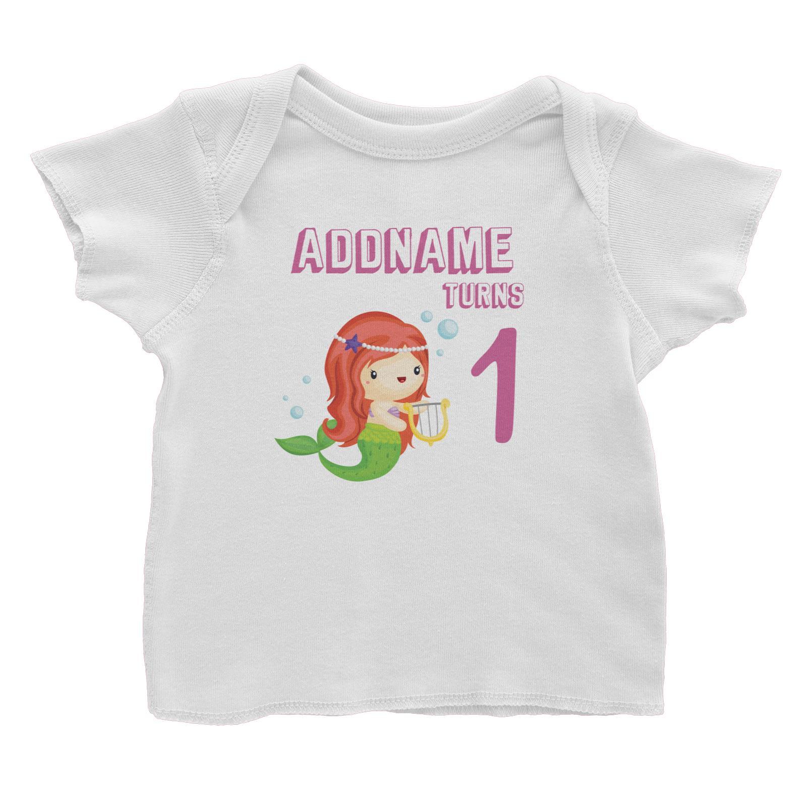 Birthday Mermaid Red Long Hair Mermaid Playing Harp Addname Turns 1 Baby T-Shirt