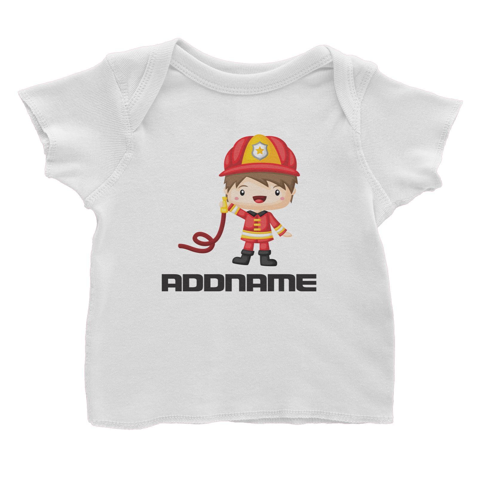 Birthday Firefighter Boy Holding Water Hose Addname Baby T-Shirt