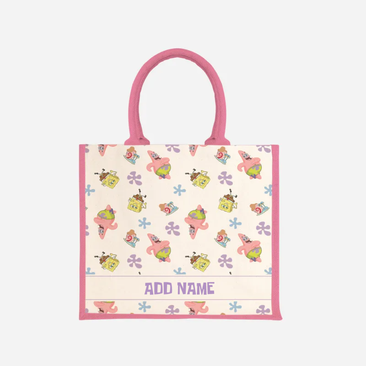 SpongeBob - Happy Walking Pattern Personalized Half Lining Jute Bag