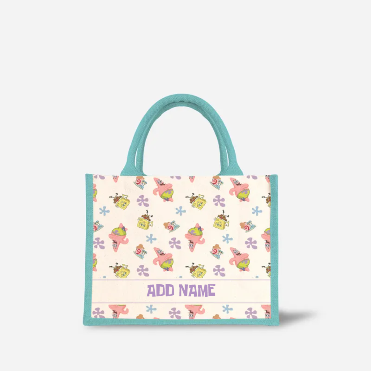SpongeBob - Happy Walking Pattern Personalized Half Lining Small Jute Bag