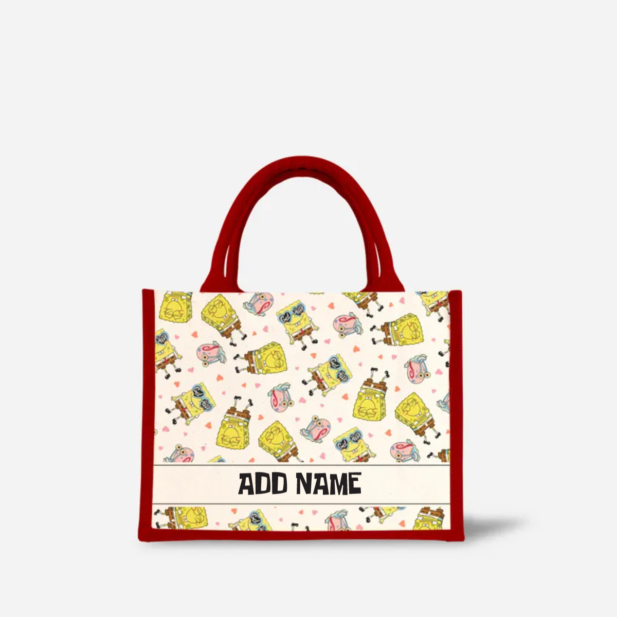 SpongeBob - Get Happy Pattern Personalized Half Lining Small Jute Bag