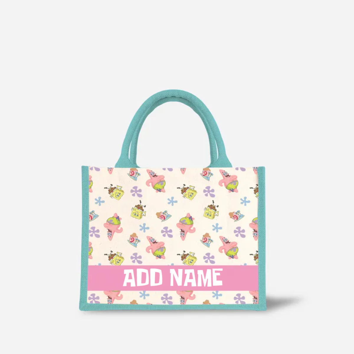 SpongeBob - Happy Walking Pattern Personalized Half Lining Small Jute Bag