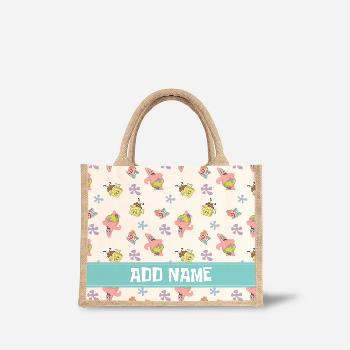 SpongeBob - Happy Walking Pattern Personalized Half Lining Small Jute Bag