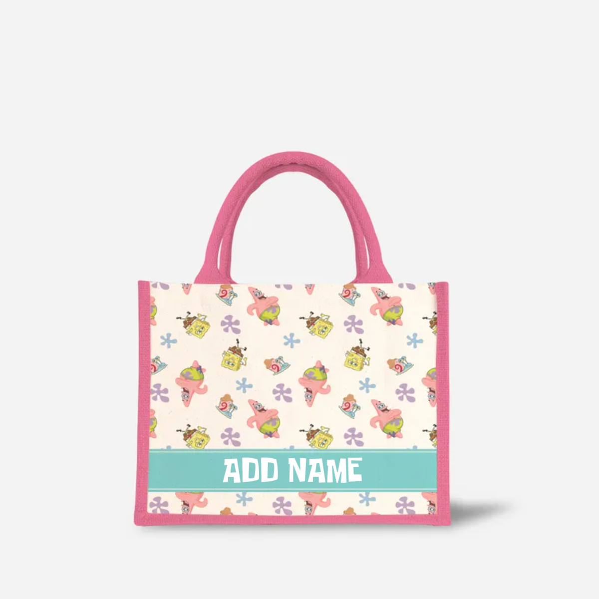 SpongeBob - Happy Walking Pattern Personalized Half Lining Small Jute Bag