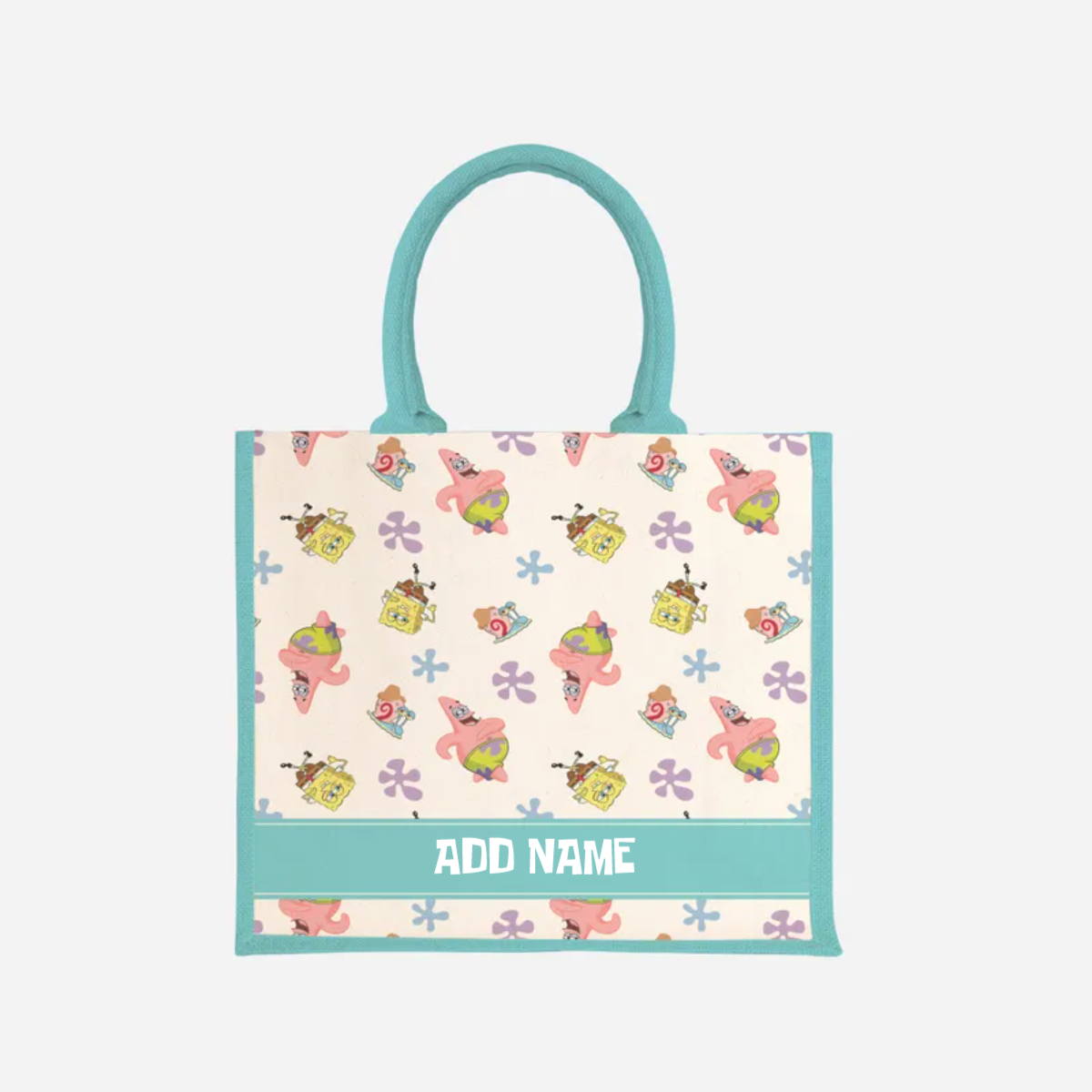 SpongeBob - Happy Walking Pattern Personalized Half Lining Jute Bag