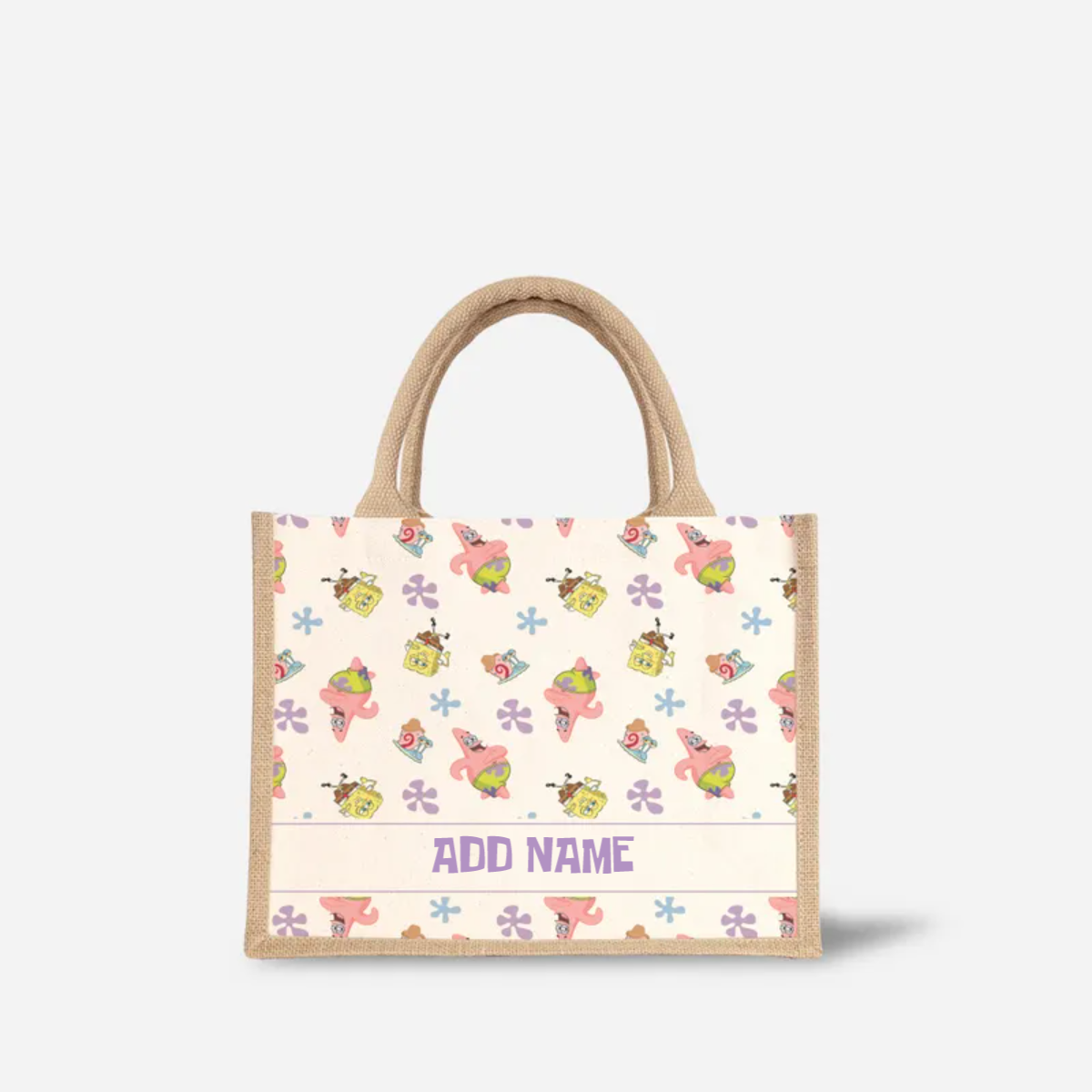 SpongeBob - Happy Walking Pattern Personalized Half Lining Small Jute Bag
