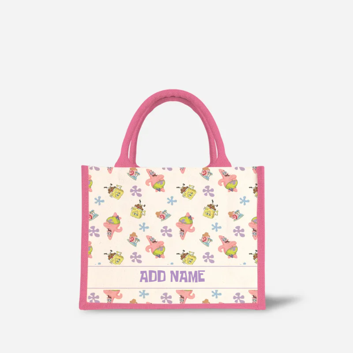 SpongeBob - Happy Walking Pattern Personalized Half Lining Small Jute Bag