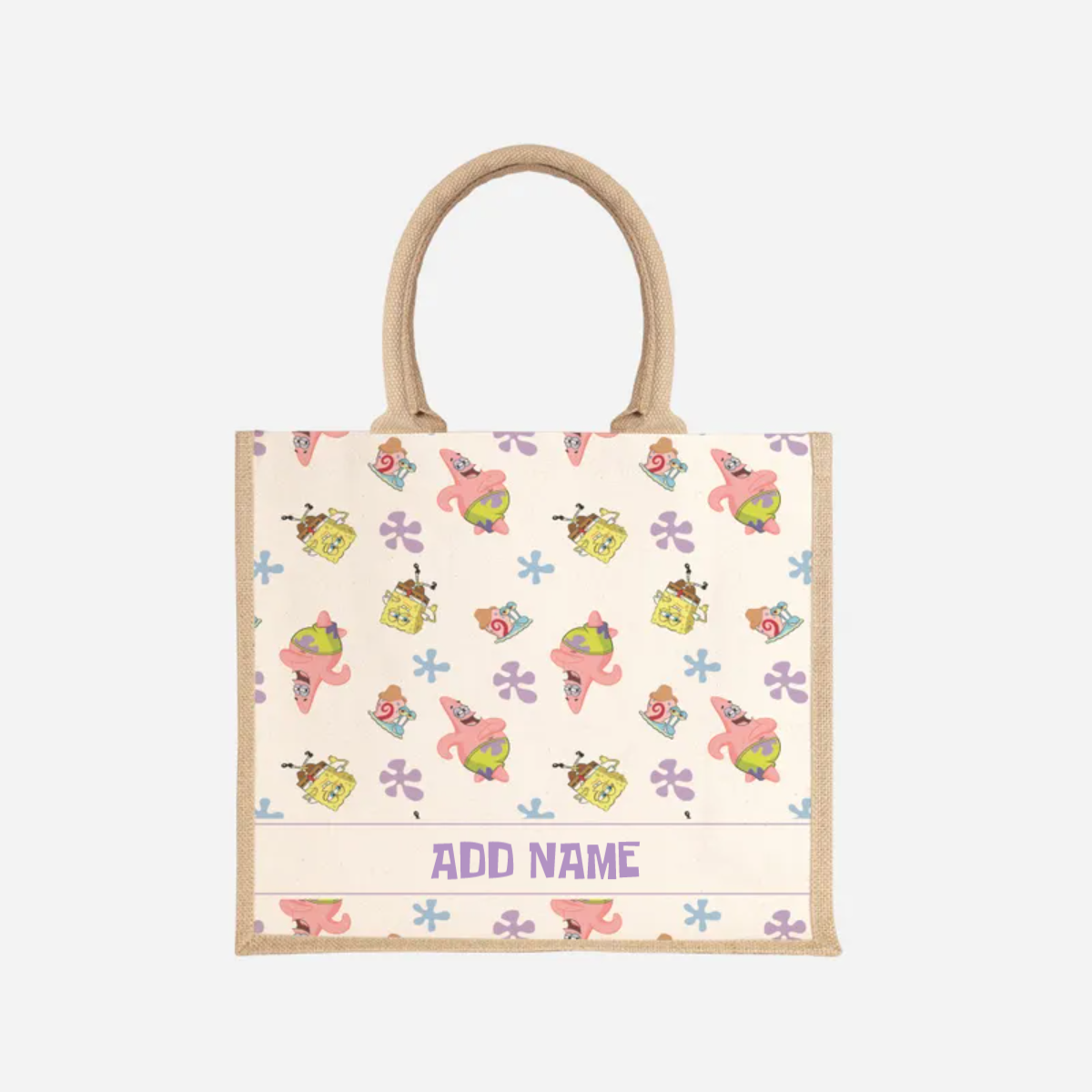 SpongeBob - Happy Walking Pattern Personalized Half Lining Jute Bag