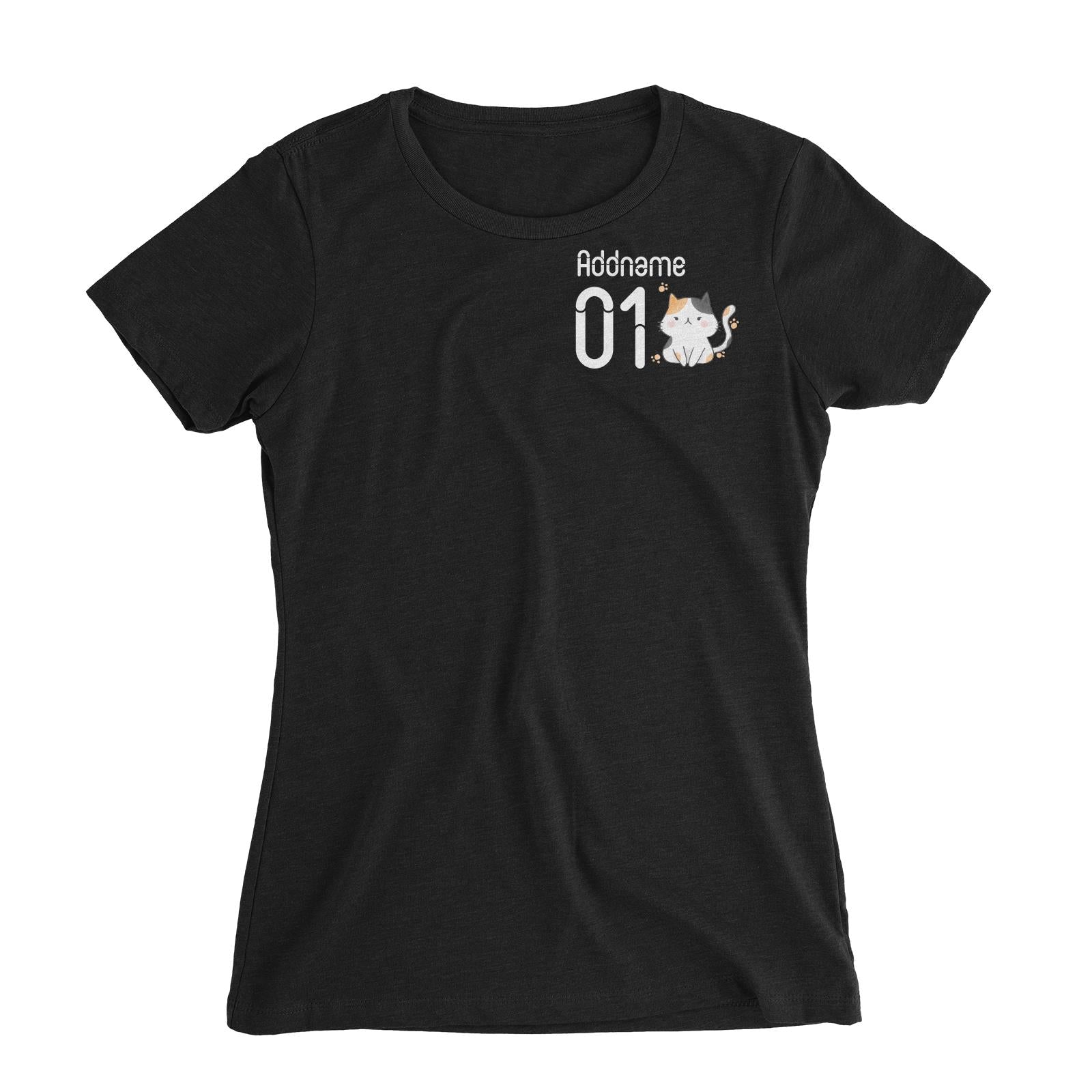 Pocket Name and Number Cute Hand Drawn Style Cat Women's Slim Fit T-Shirt