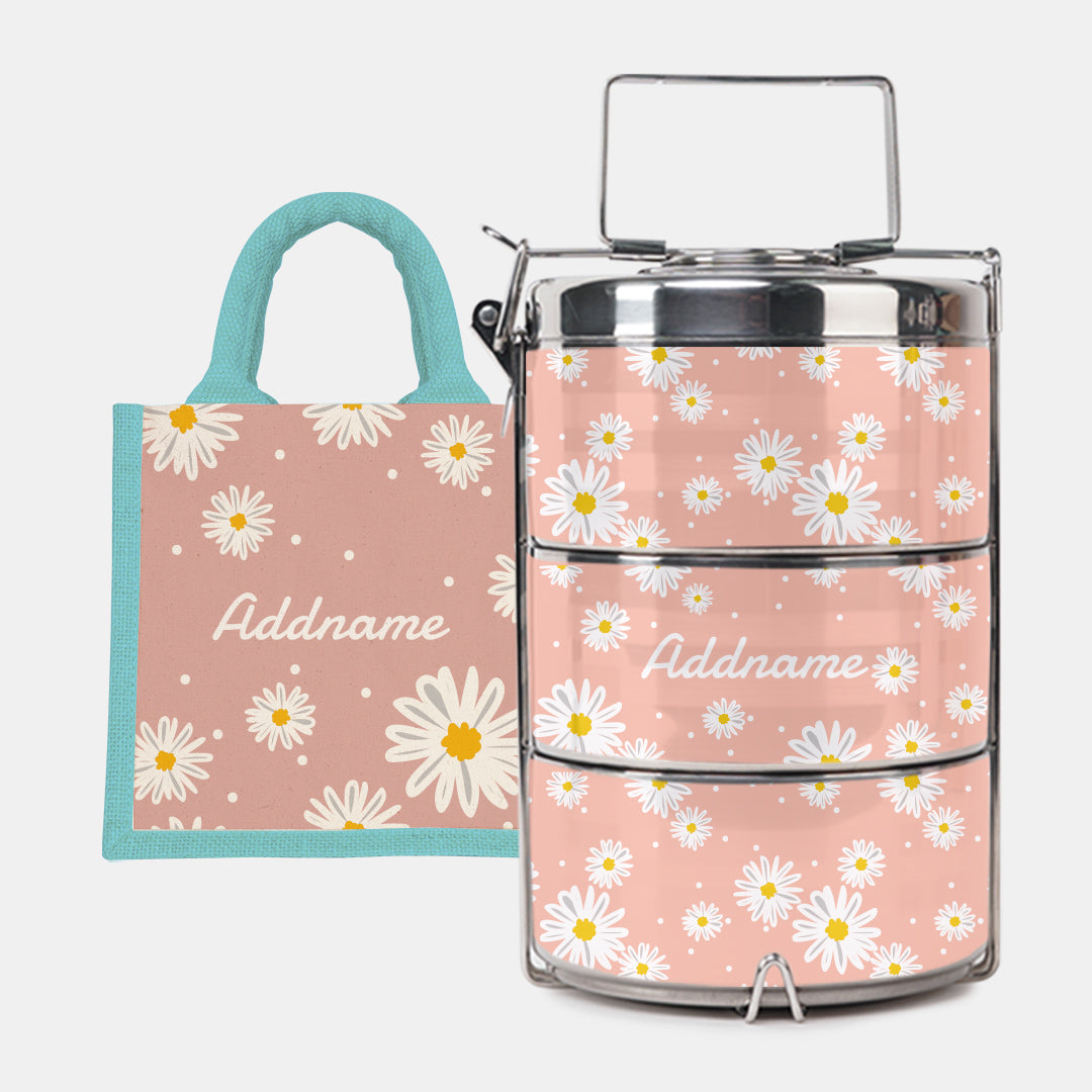 Daisy Series Half Lining Lunch Bag Wtih Premium Tiffin Carrier - Coral Light Blue