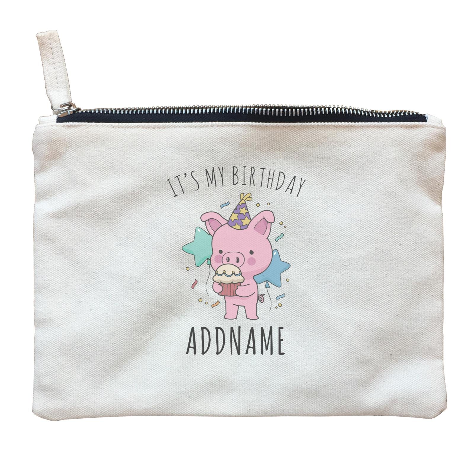 Birthday Sketch Animals Pig with Party Hat Eating Cupcake It's My Birthday Addname Zipper Pouch