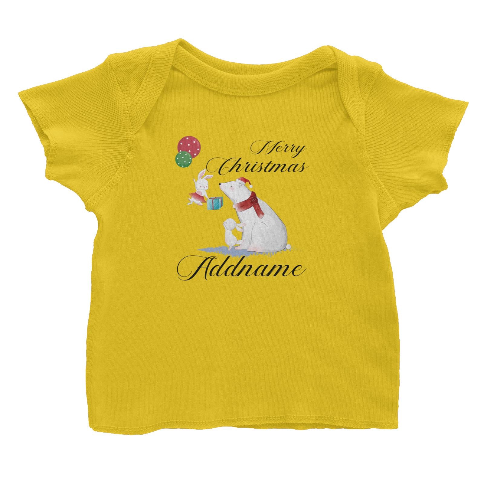 Christmas Cute Rabbits And Polar Bear With Present Merry Christmas Addname Baby T-Shirt