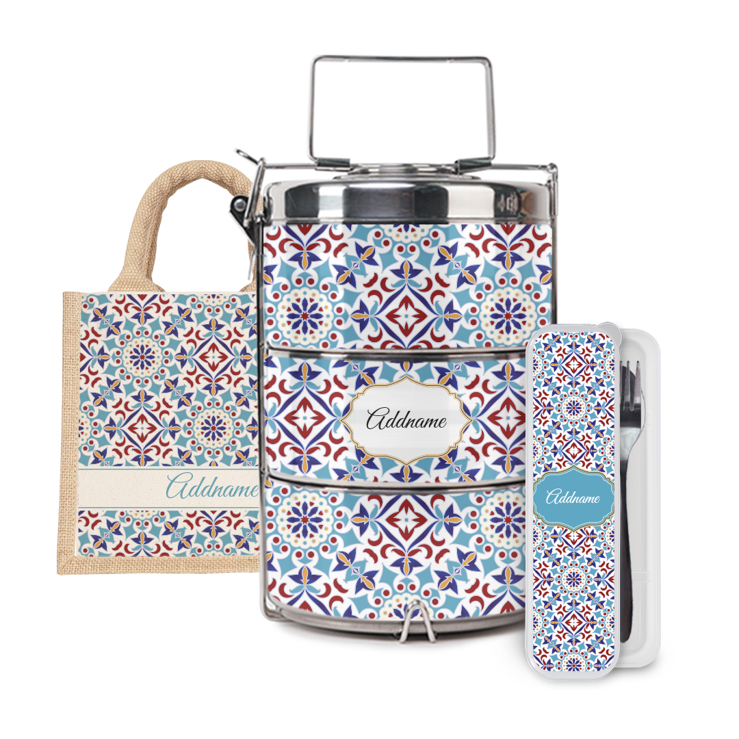 Moroccan Series - Arabesque Agean Blue Half Lining Lunch Bag, Tiffin Carrier and Cutlery Set