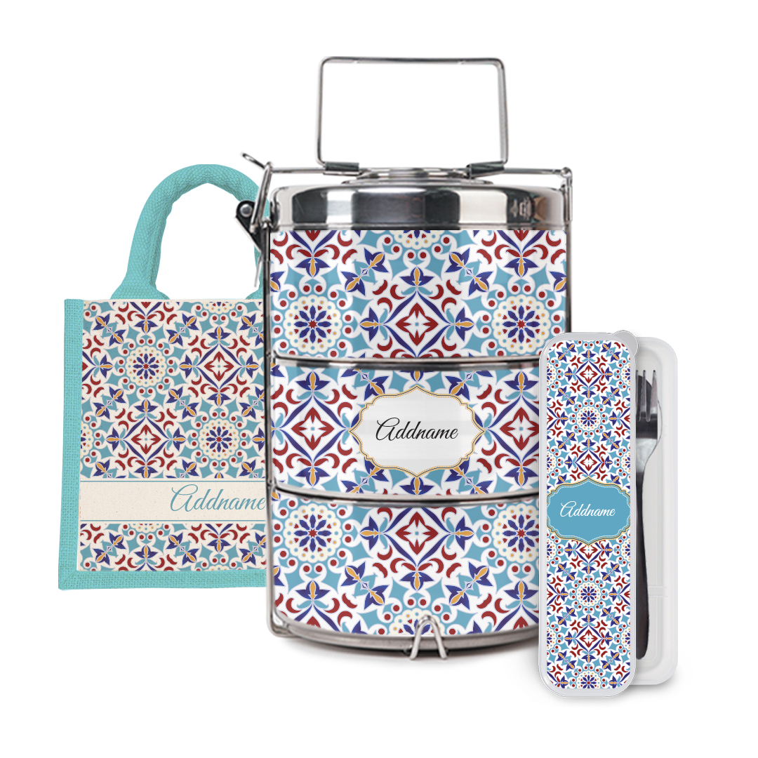 Moroccan Series - Arabesque Agean Blue Half Lining Lunch Bag, Tiffin Carrier and Cutlery Set