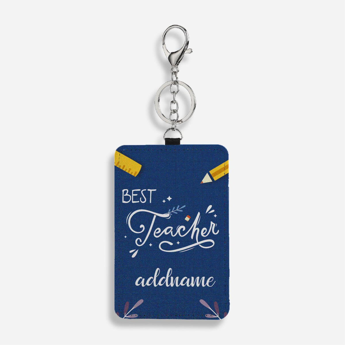 Navy Blue Best Teacher With Floral Elements Cardholder With Keyring