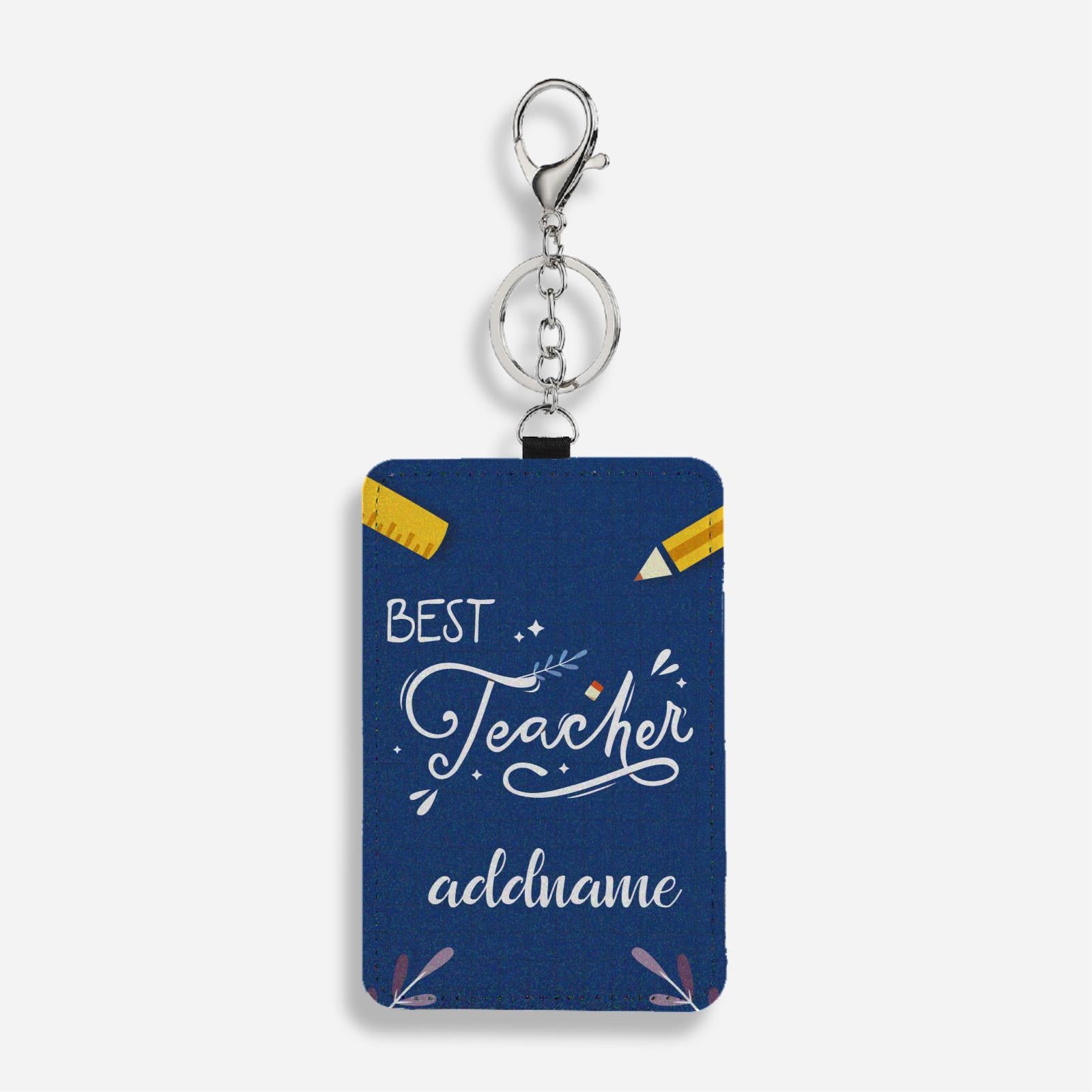 Navy Blue Best Teacher With Floral Elements Cardholder With Keyring