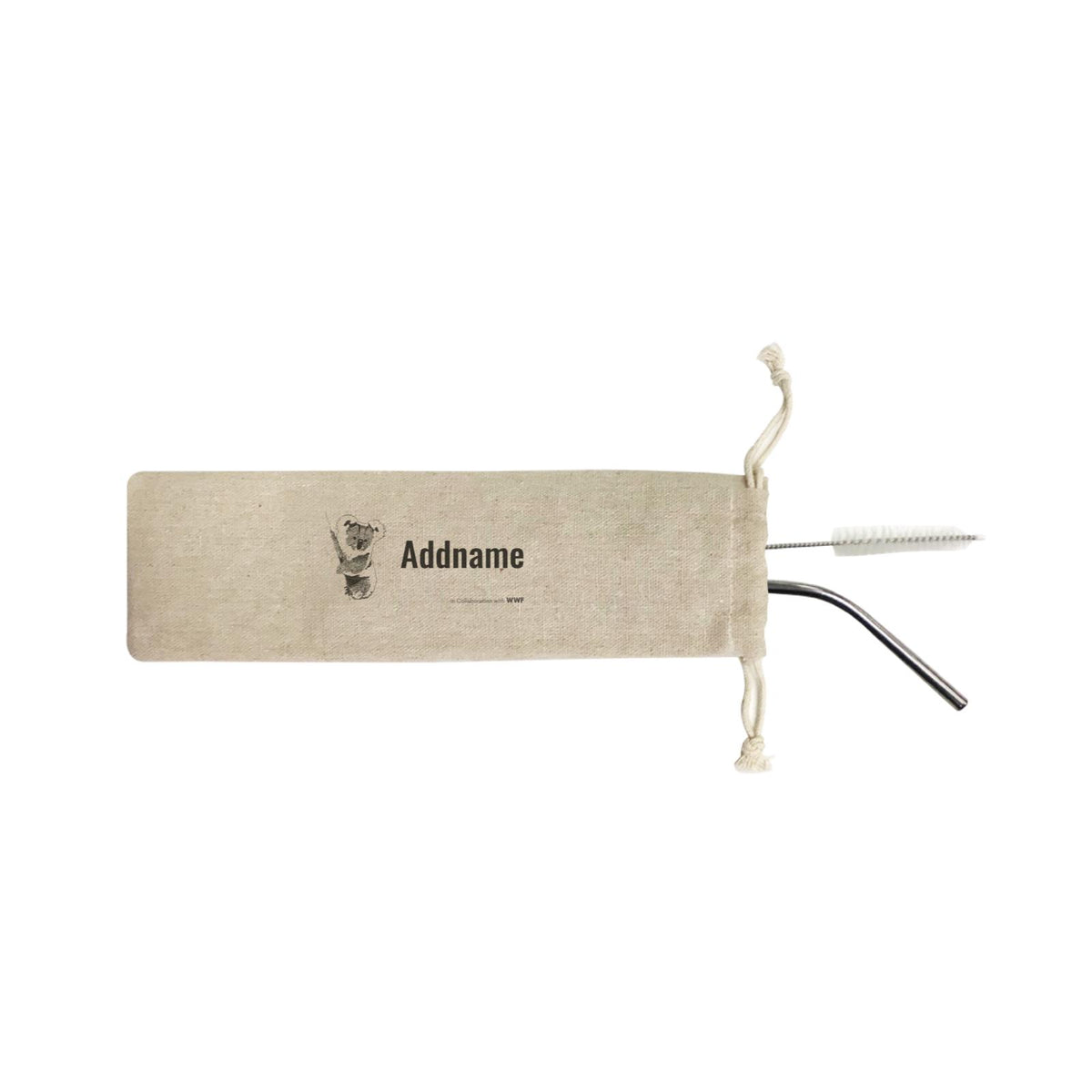 Hand Written Animals Koala By ArtC Addname SB 2-in-1 Stainless Steel Straw Set In a Satchel