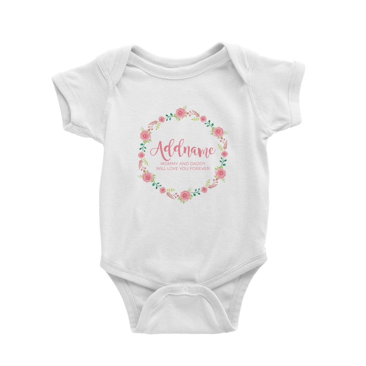 Pink Roses Wreath Personalizable with Name and Text Baby Romper