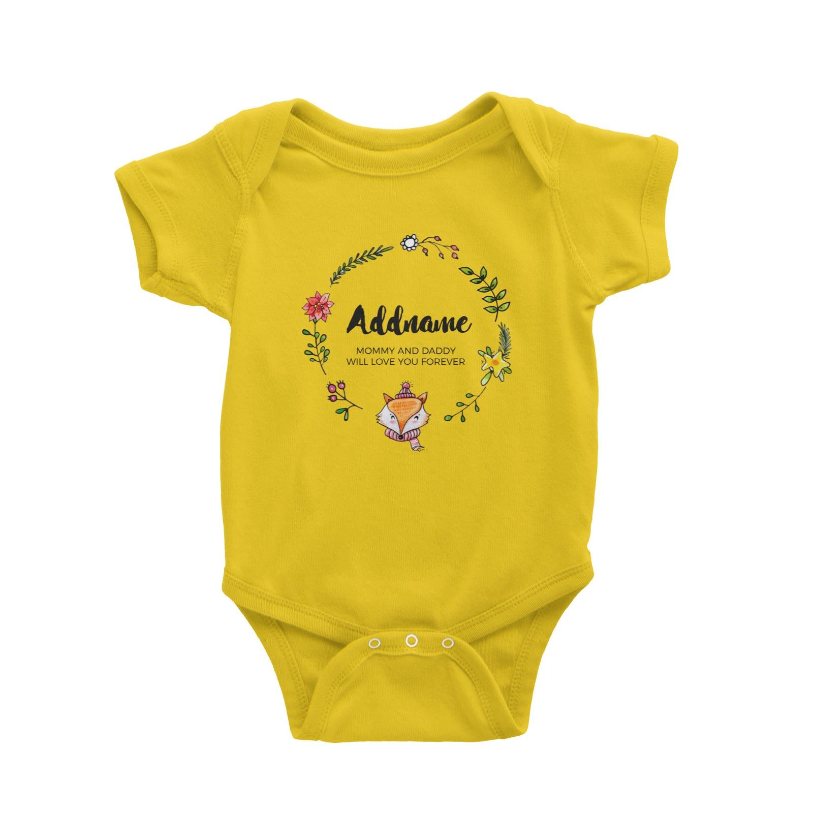 Doodle Green Wreath with Cute Fox Personalizable with Name and Text Baby Romper