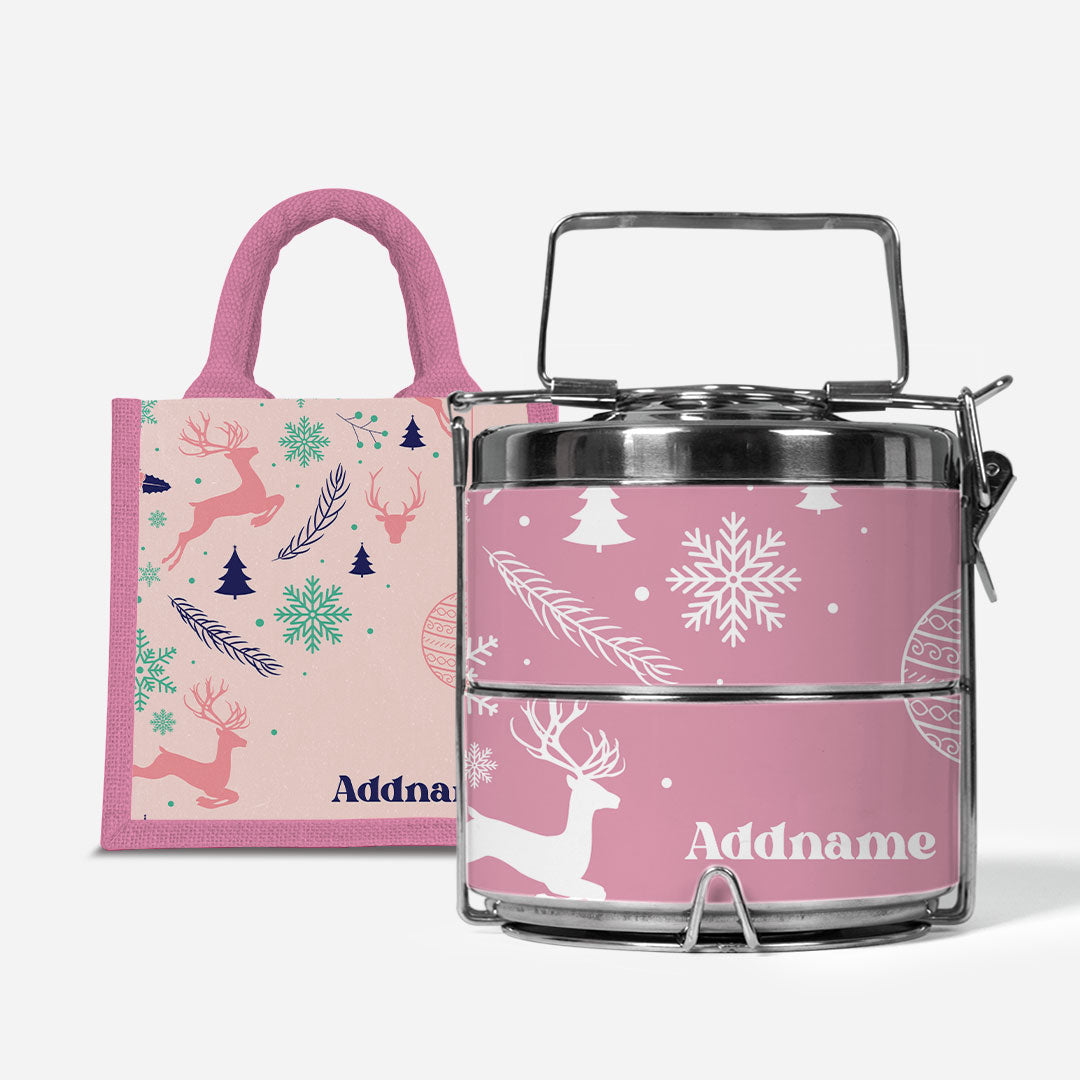 Christmas Series Premium Two Tier Tiffin  with Half Lining Lunch Bag Jubilant Reindeers Light Pink