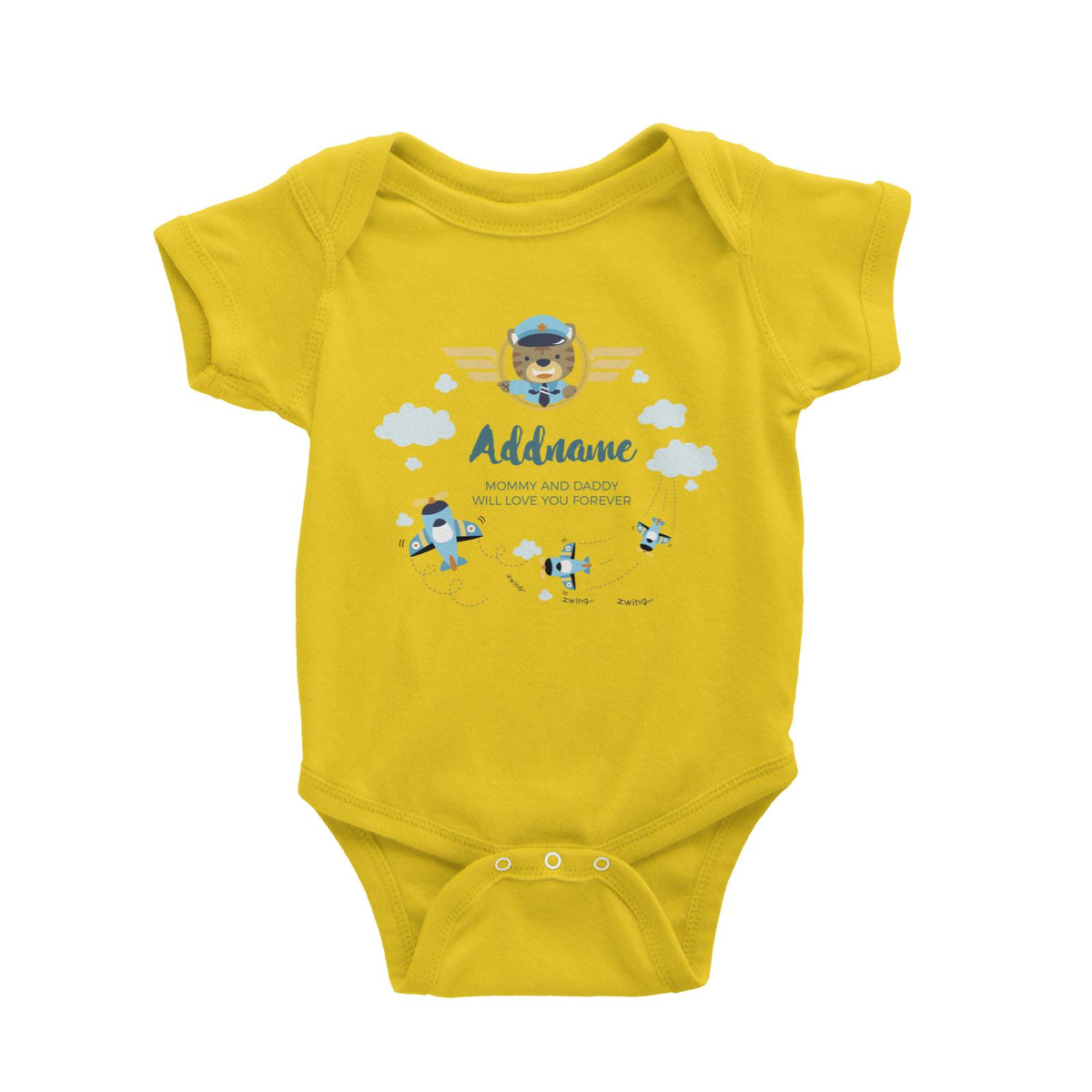 Cute Bear Pilot and Blue Planes Flying Personalizable with Name and Text Baby Romper