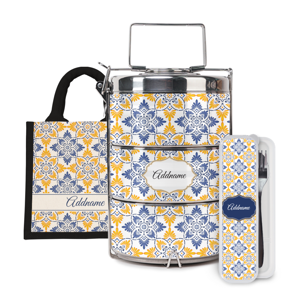 Moroccan Series - Arabesque Butter Blue Half Lining Lunch Bag, Tiffin Carrier and Cutlery Set