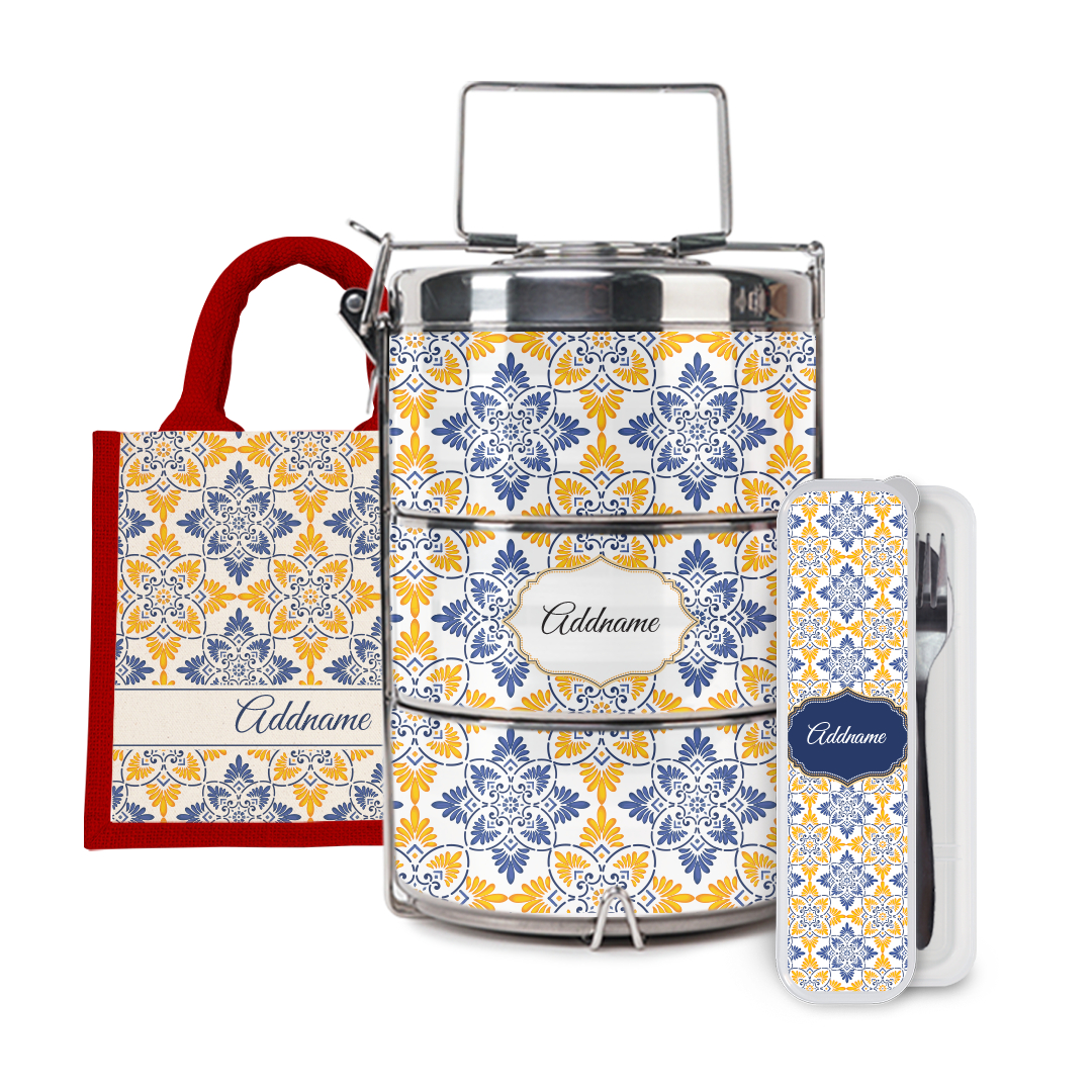 Moroccan Series - Arabesque Butter Blue Half Lining Lunch Bag, Tiffin Carrier and Cutlery Set