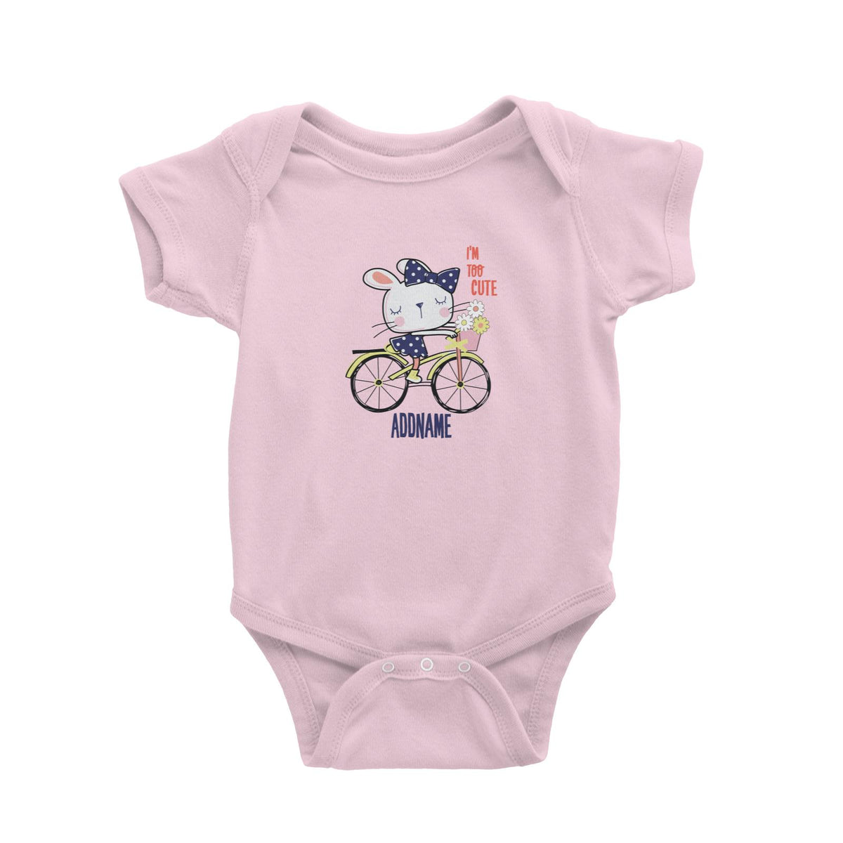 Cool Vibrant Series I'm Too Cute Bunny on Bicycle Addname Baby Romper