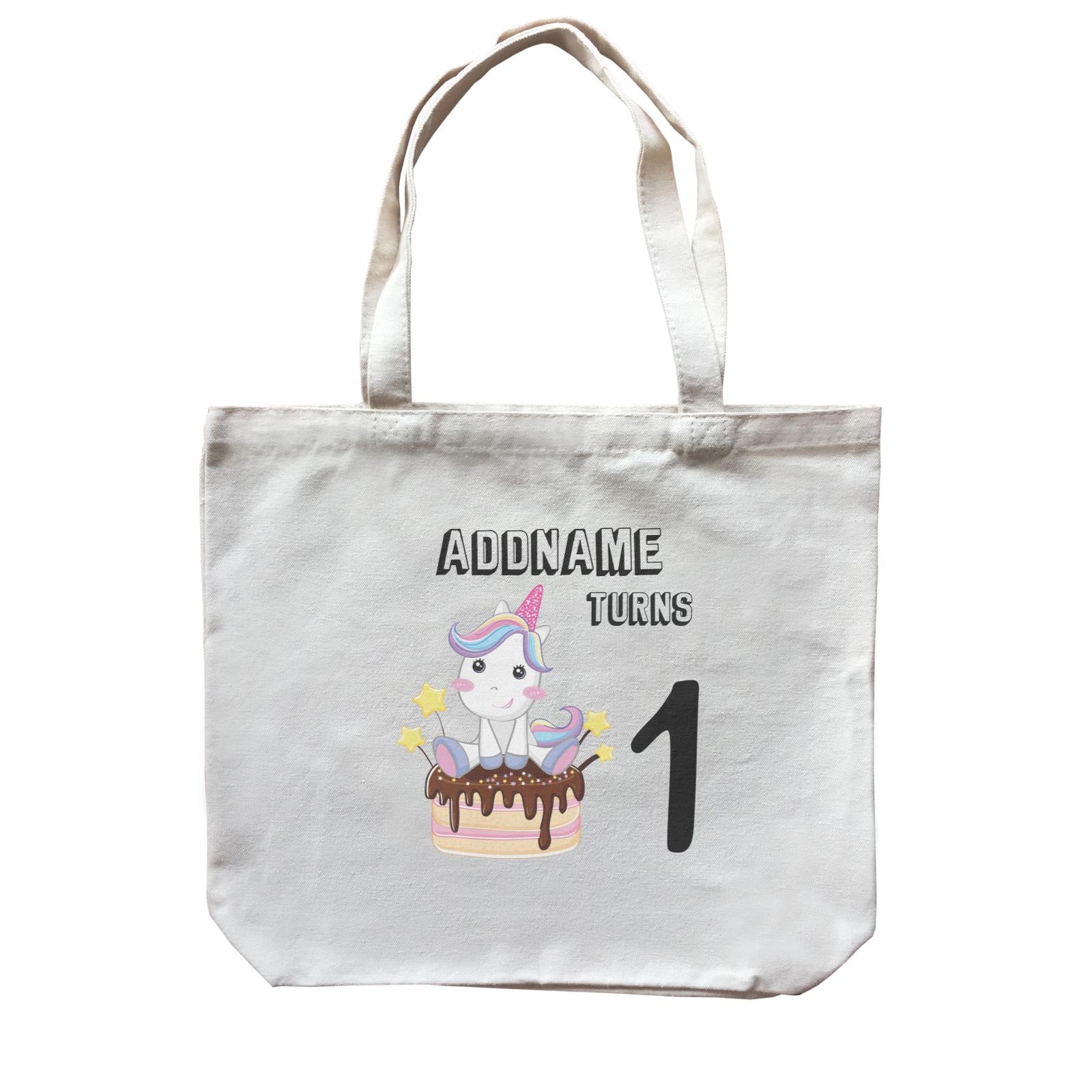 Birthday Unicorn With Cake Addname Turns 1 Canvas Bag