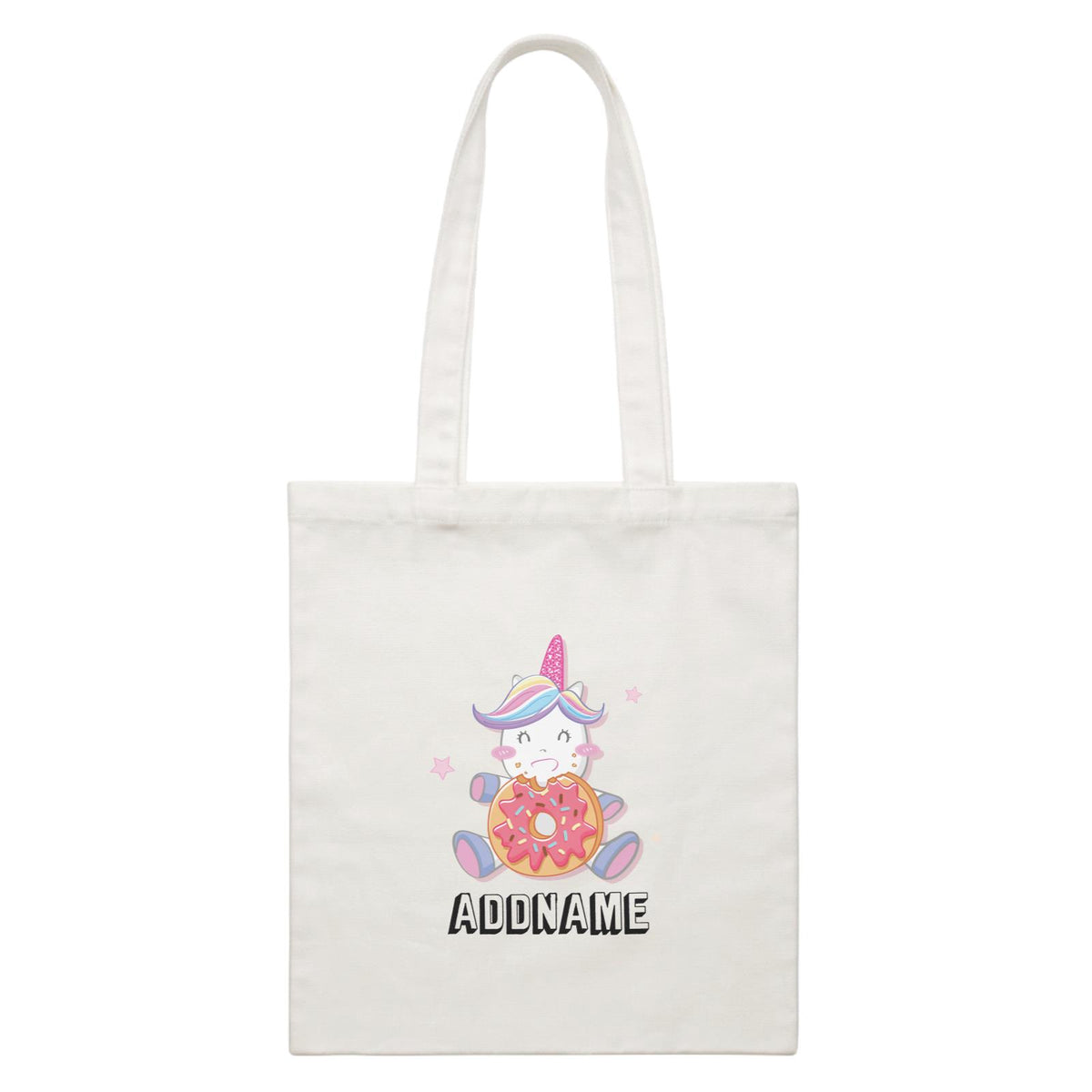 Birthday Unicorn Happy Eating Donut Addname White Canvas Bag