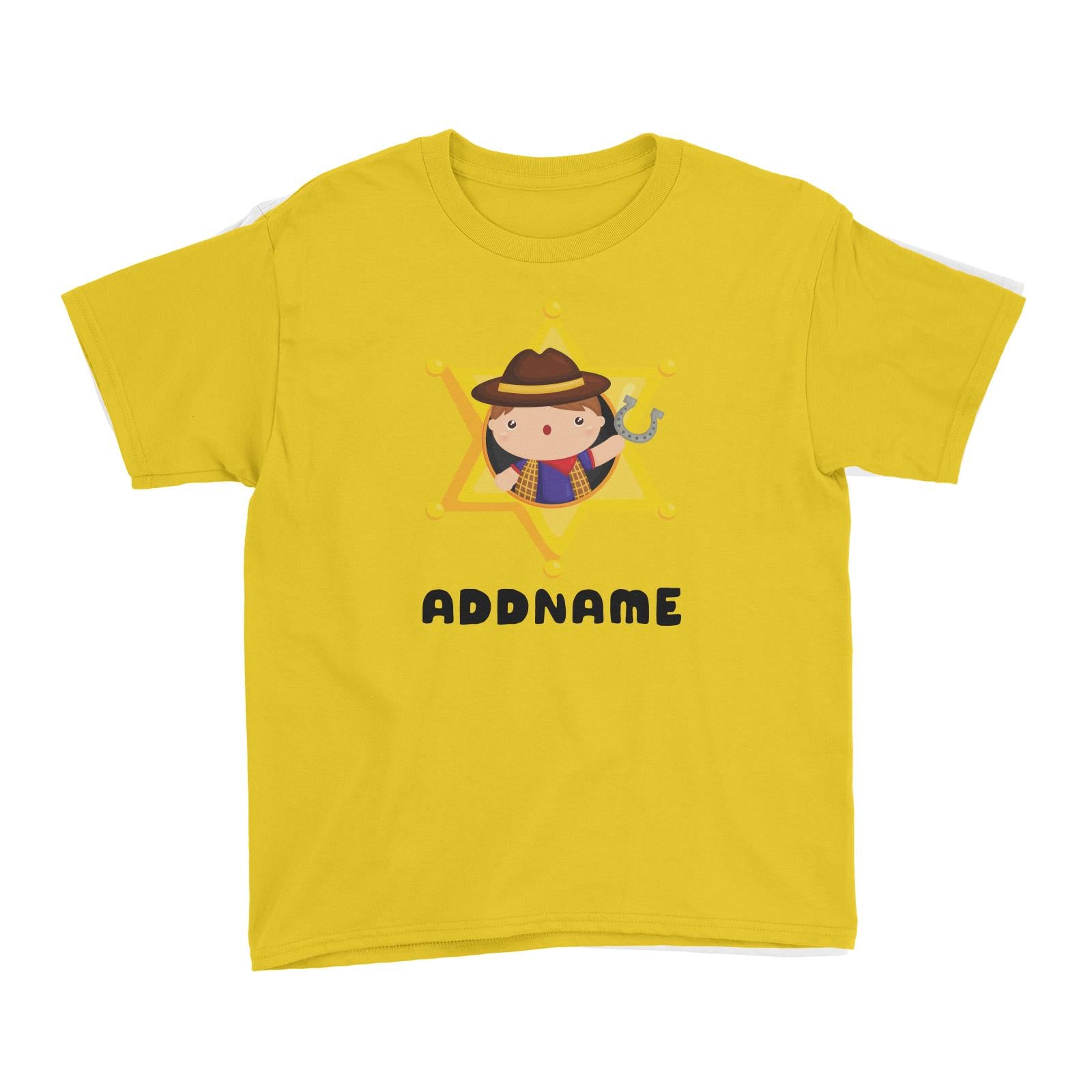 Birthday Cowboy Style Little Cowboy Holding Hoe In Star Badge Addname Kid T-Shirt