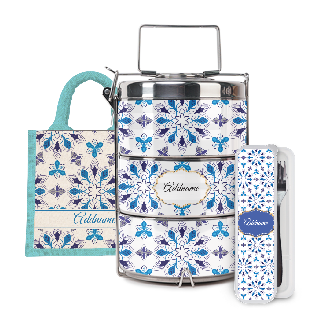 Moroccan Series - Arabesque Frost Half Lining Lunch Bag, Tiffin Carrier and Cutlery Set