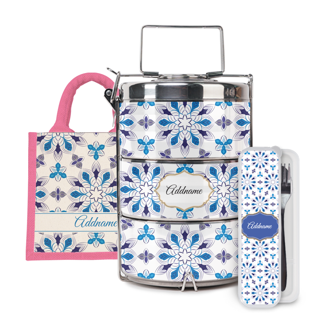 Moroccan Series - Arabesque Frost Half Lining Lunch Bag, Tiffin Carrier and Cutlery Set